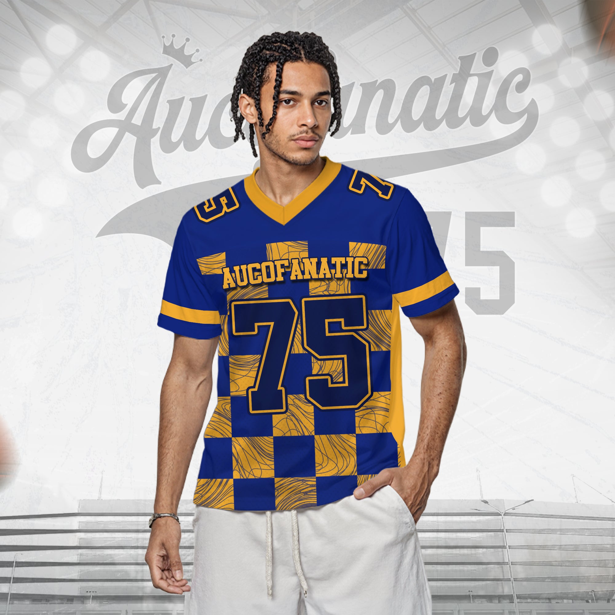 Custom Blue Gold Chess Pattern Football Jersey, Custom Football Jersey with Team Name Number Logo for Team