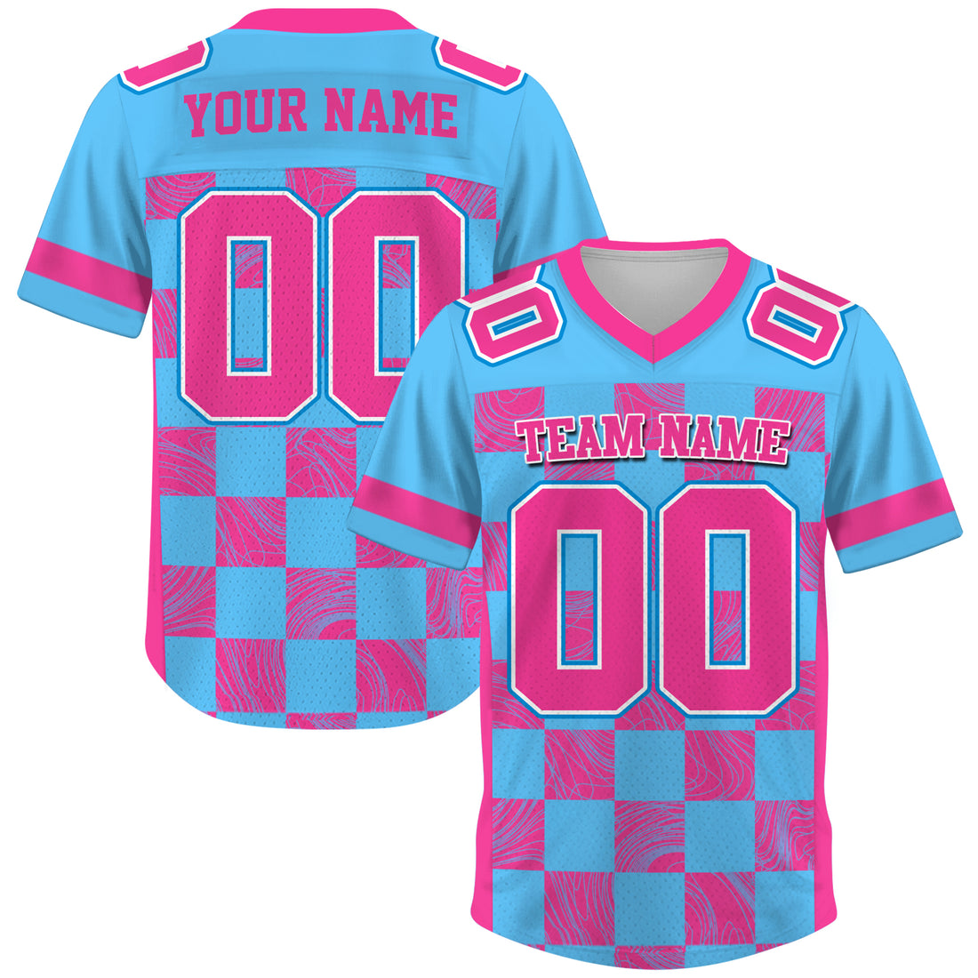 Custom Blue Pink Chess Pattern Football Jersey, Custom Football Uniform For Men & Women