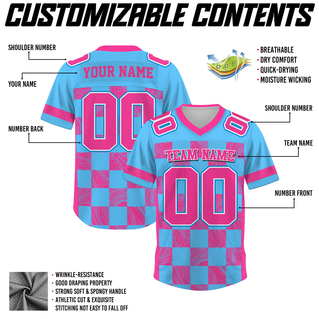 Custom Blue Pink Chess Pattern Football Jersey, Custom Football Uniform For Men & Women