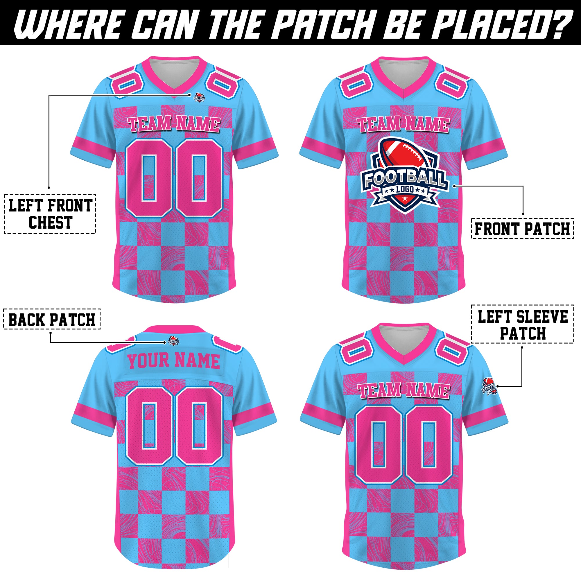 Custom Blue Pink Chess Pattern Football Jersey, Custom Football Uniform For Men & Women