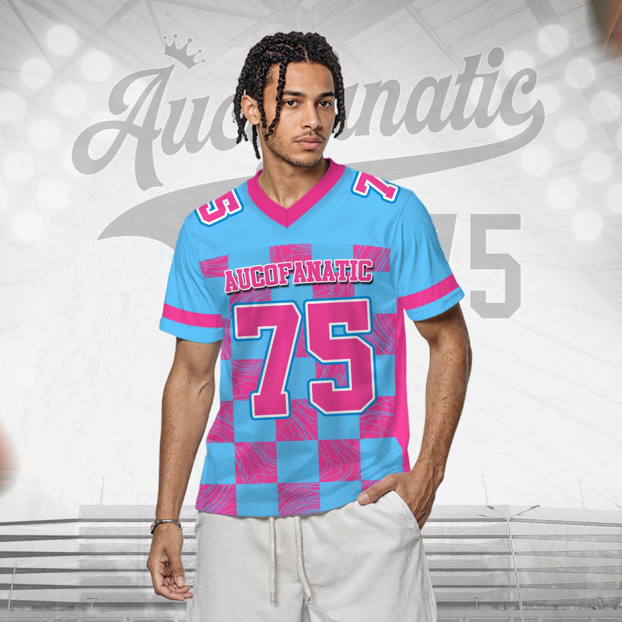 Custom Blue Pink Chess Pattern Football Jersey, Custom Football Uniform For Men & Women
