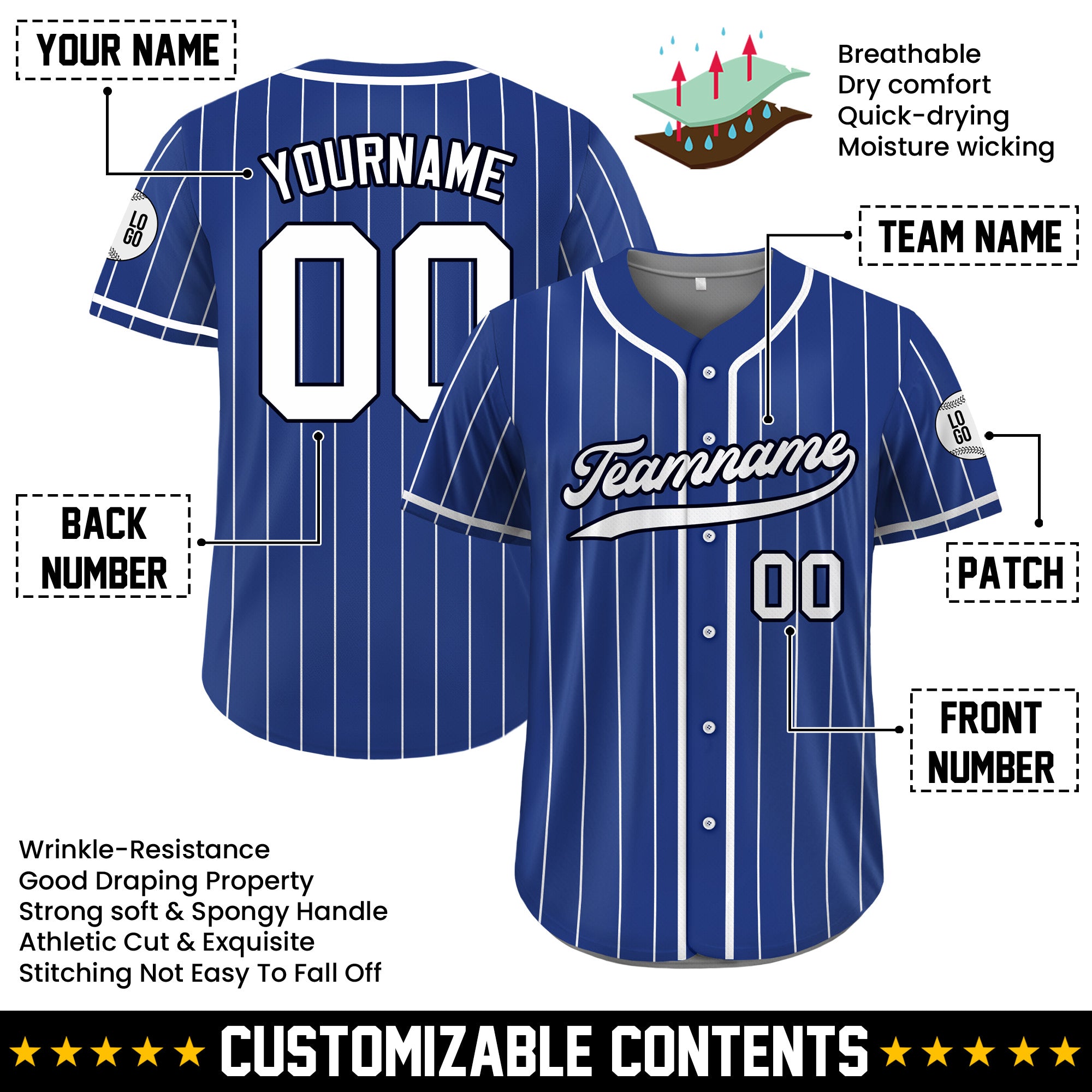 Custom Blue White Pinstripe Baseball Jersey