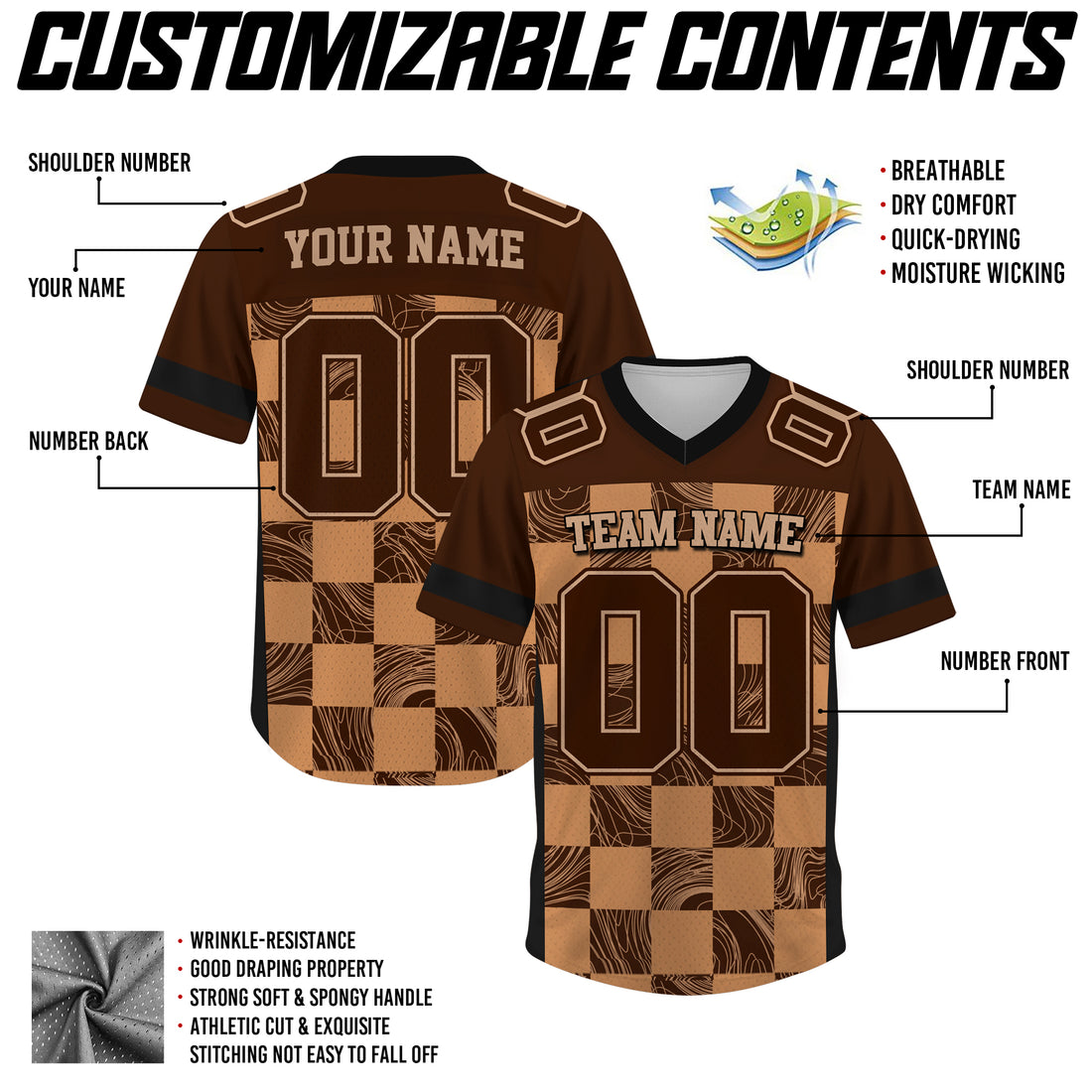 Custom Brown Chess Pattern Football Jersey, Customized Football Jerseys For Fan
