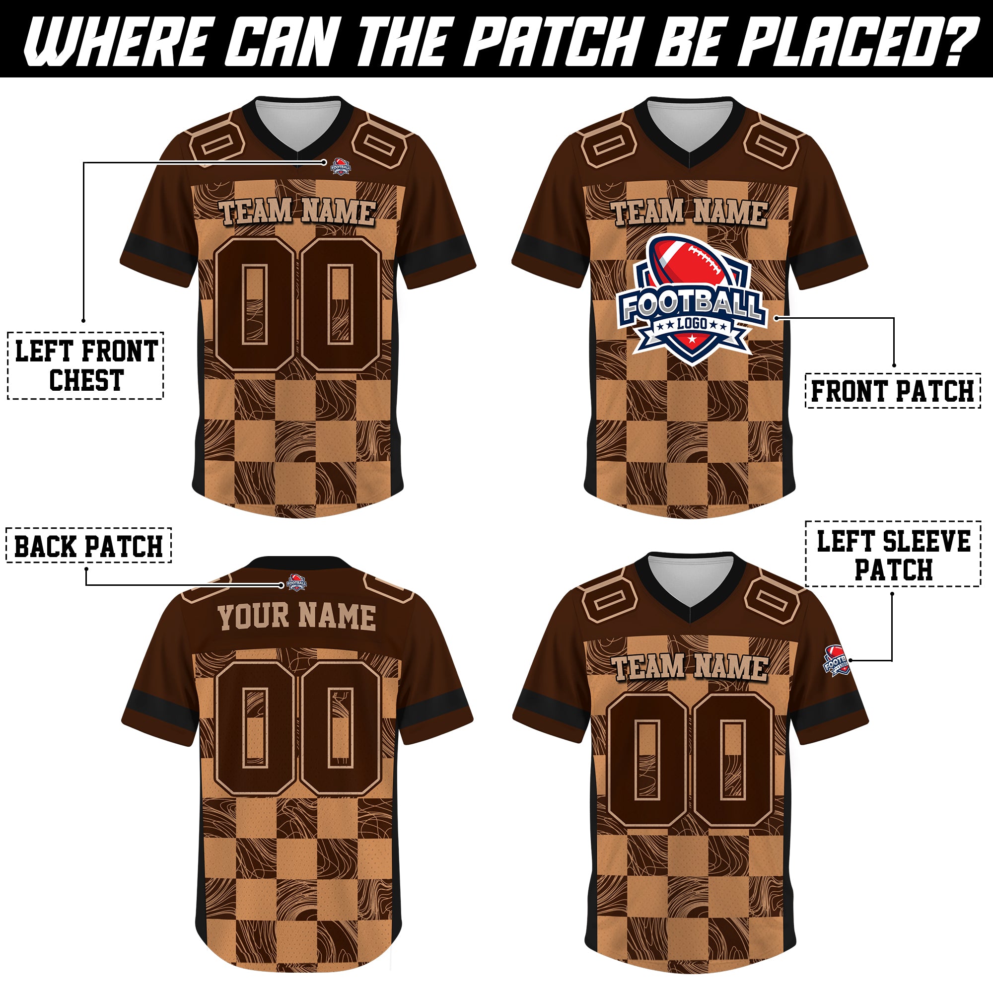 Custom Brown Chess Pattern Football Jersey, Customized Football Jerseys For Fan