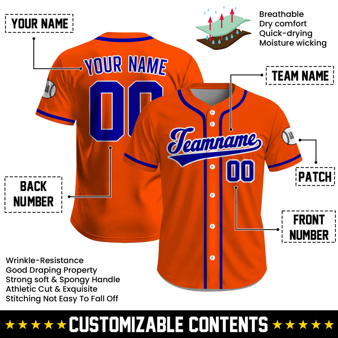 Custom Class Orange Baseball Jersey, Personalized Name Number Uniform for Men Women Youth