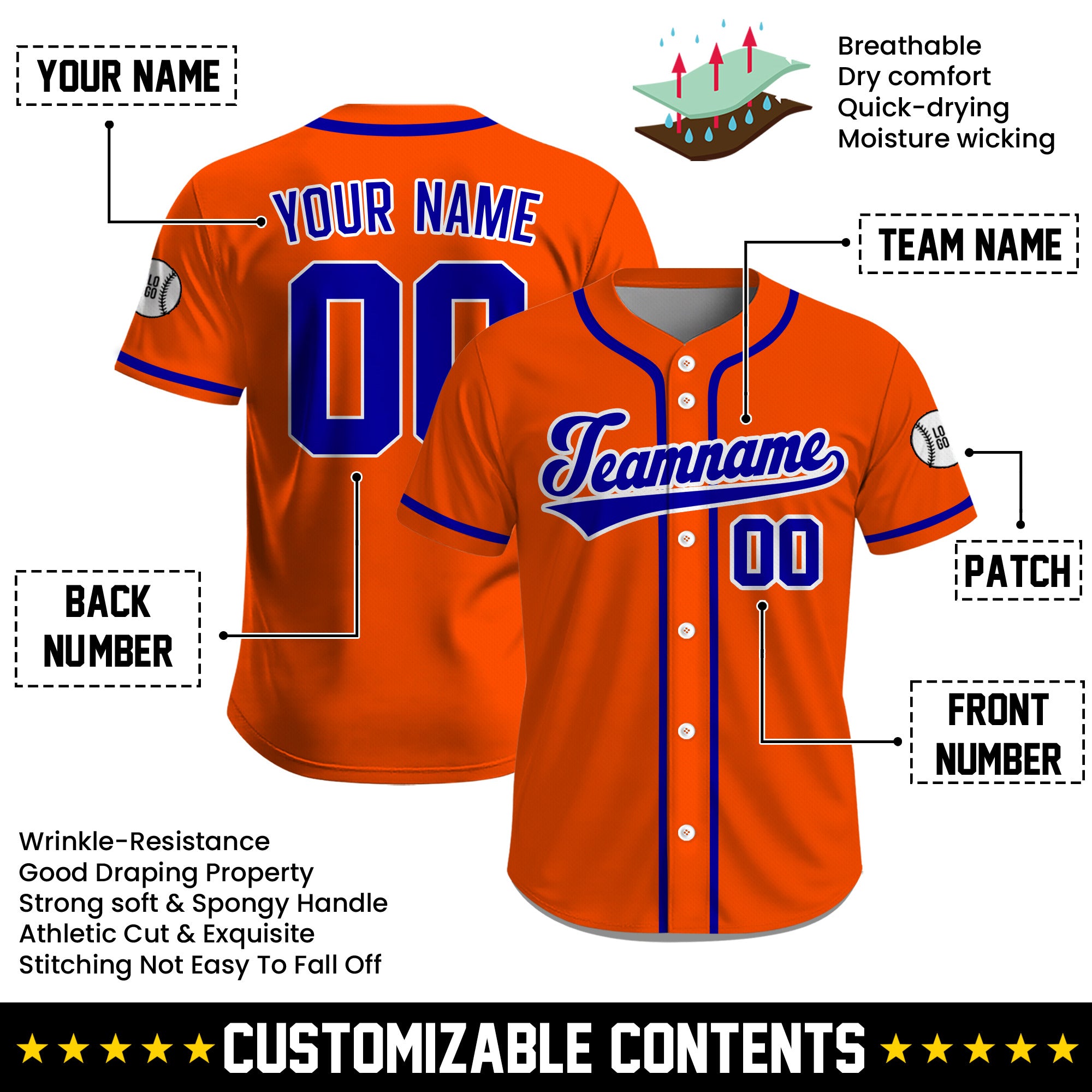 Custom Class Orange Baseball Jersey, Personalized Name Number Uniform for Men Women Youth