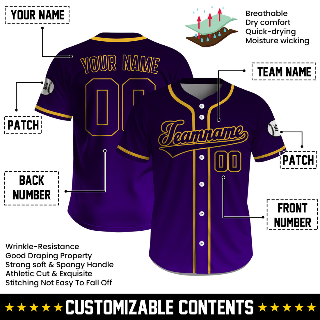 Custom Classic Deep Purple Gold Baseball Jersey