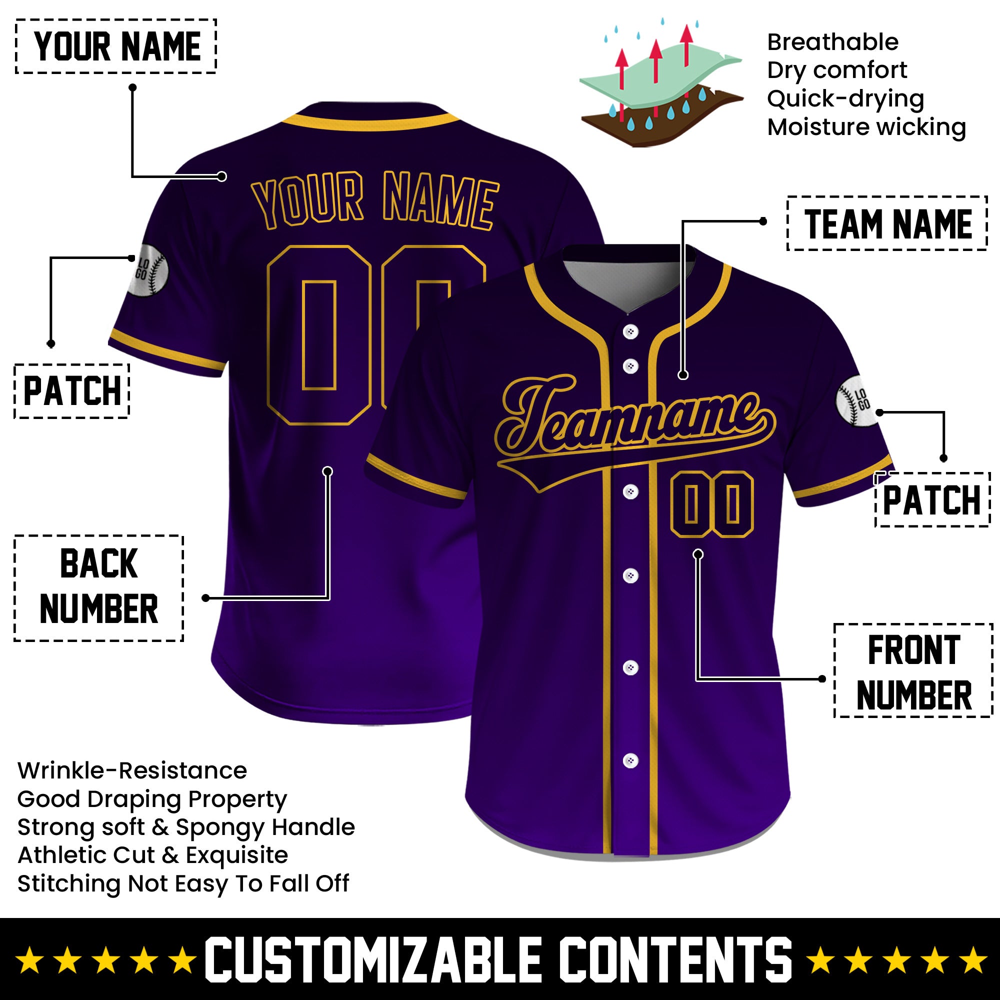 Custom Classic Deep Purple Gold Baseball Jersey