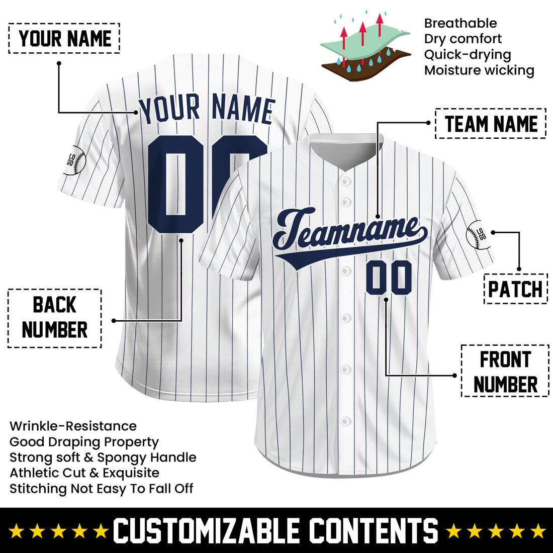 Custom Classic White Navy Pinstripe Baseball Jersey