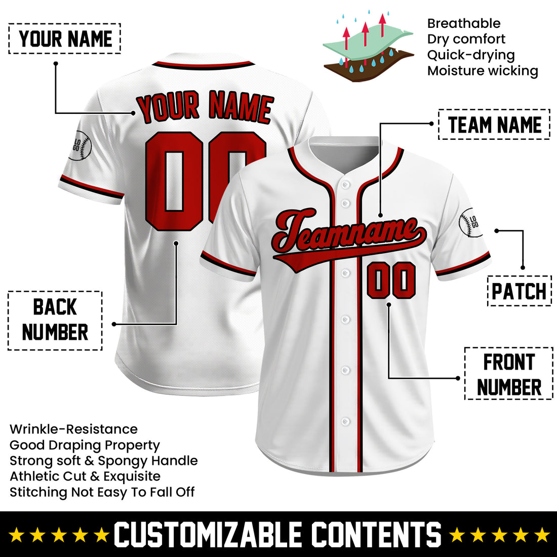 Custom Classic White with Bold Red Accents Baseball Jersey