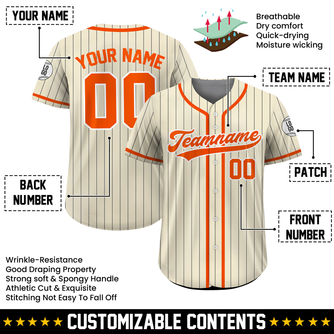 Custom Cream and Orange Pinstripe Baseball Jersey, Gift for Baseball Fans