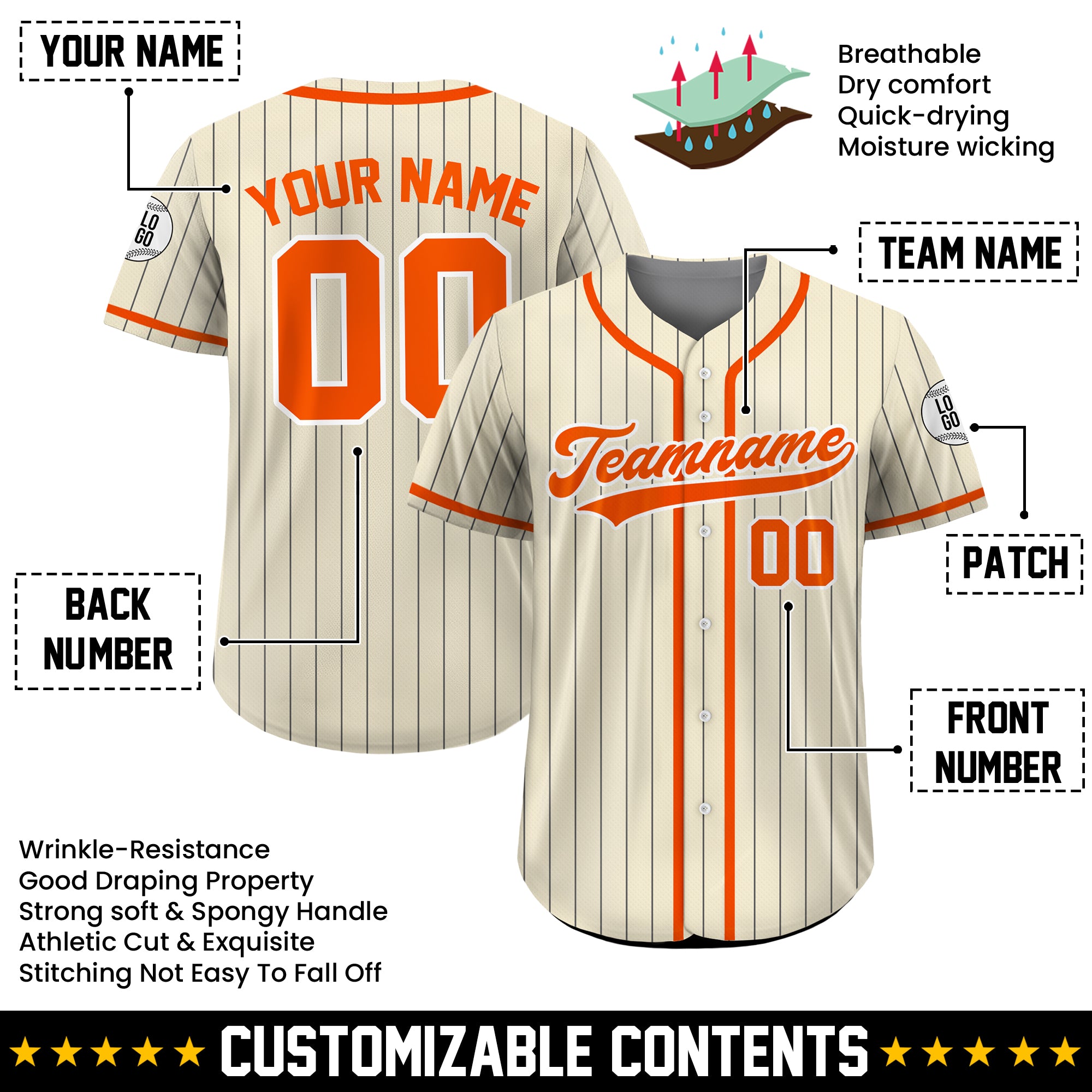 Custom Cream and Orange Pinstripe Baseball Jersey, Gift for Baseball Fans