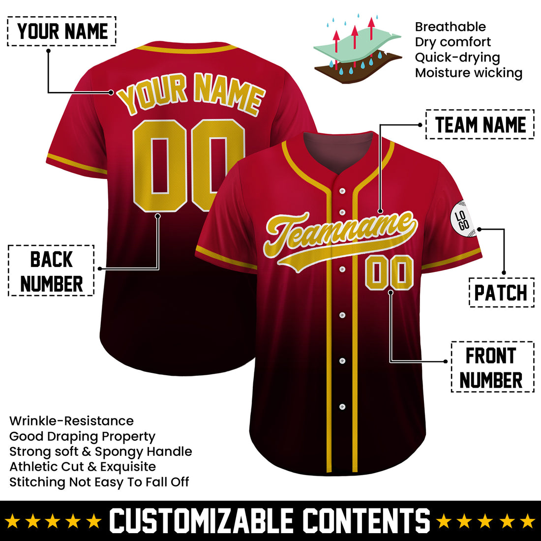 Custom Crimson Gold Gradient Baseball Jersey