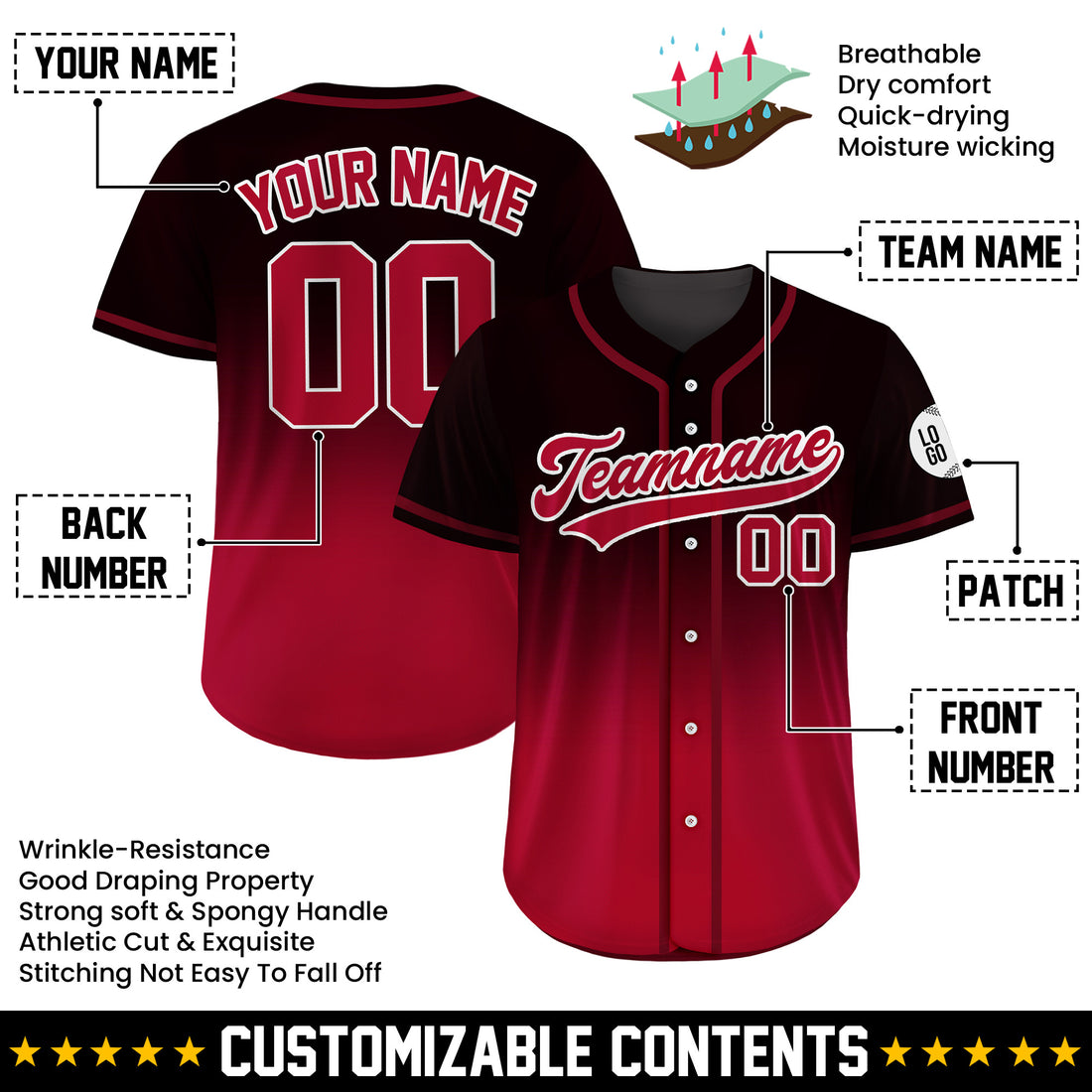 Custom Crimson Shadow Gradient Baseball Jersey