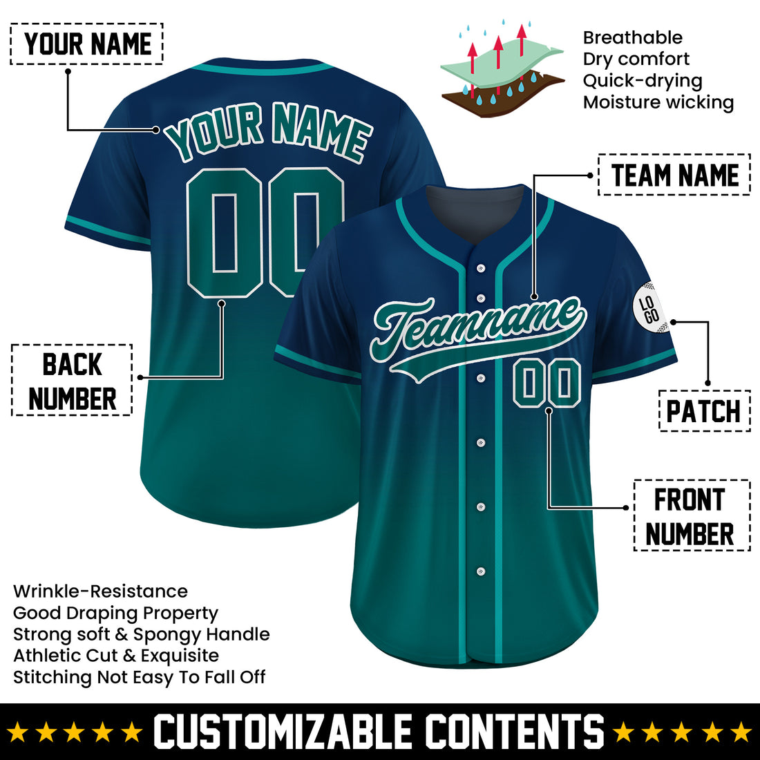 Custom Deep Sea Fade Gradient Baseball Jersey