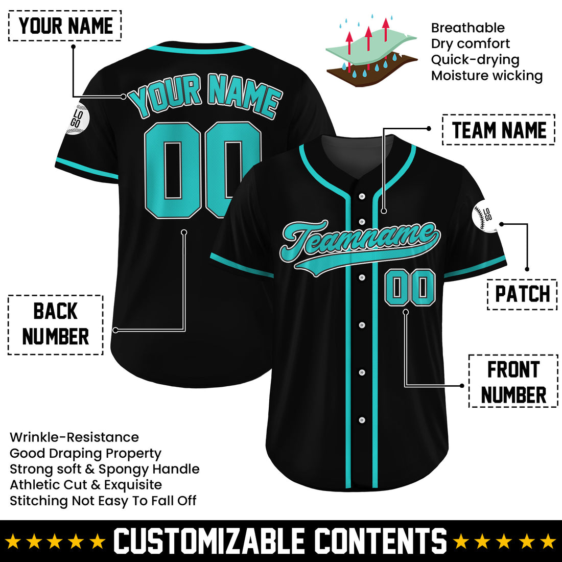 Custom Electric Teal Black Baseball Jersey