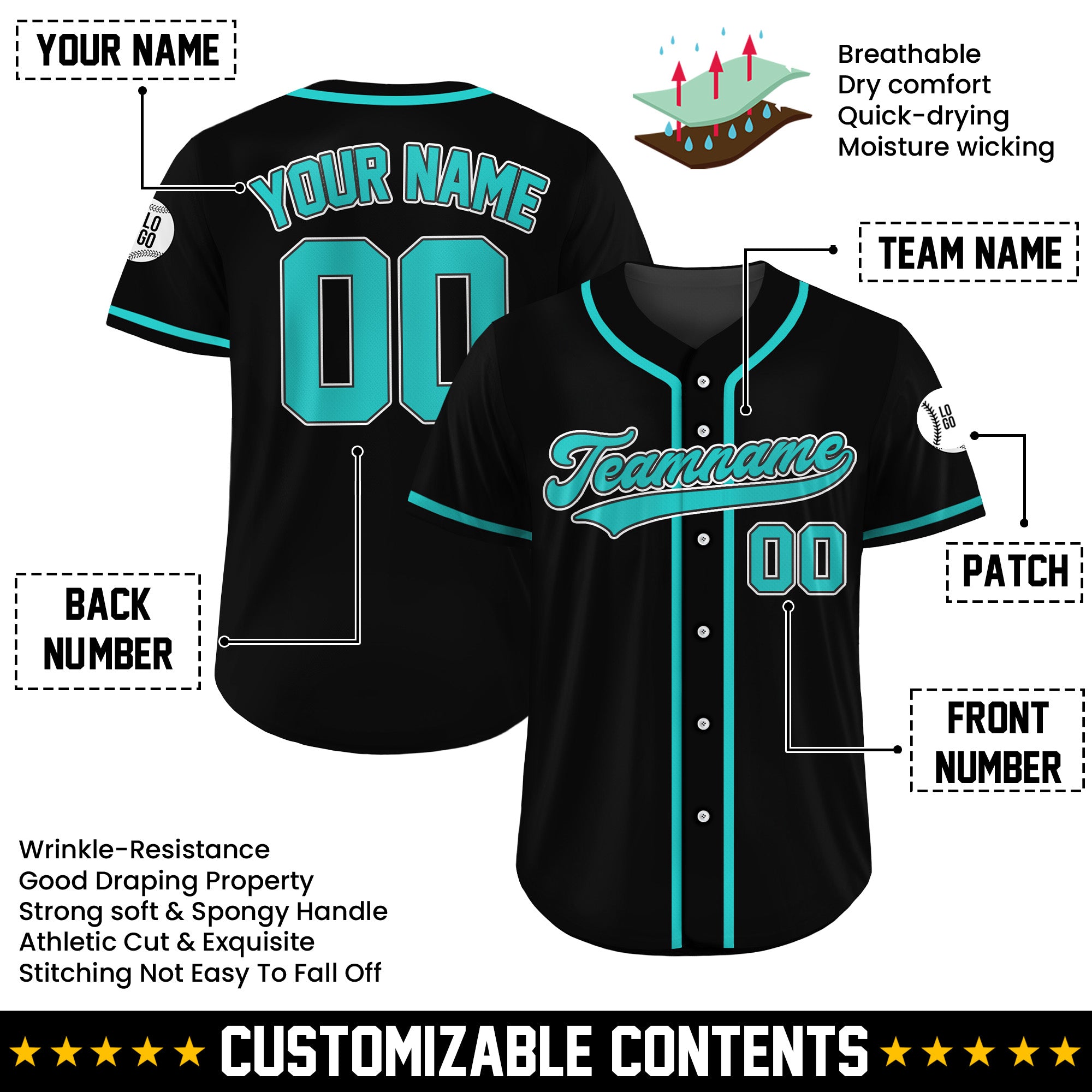 Custom Electric Teal Black Baseball Jersey