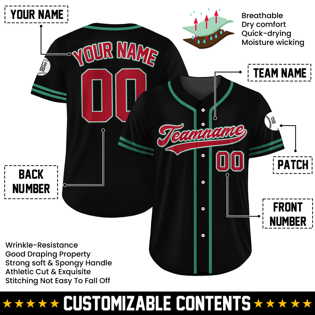 Custom Emerald Crimson Shadow Black Baseball Jersey