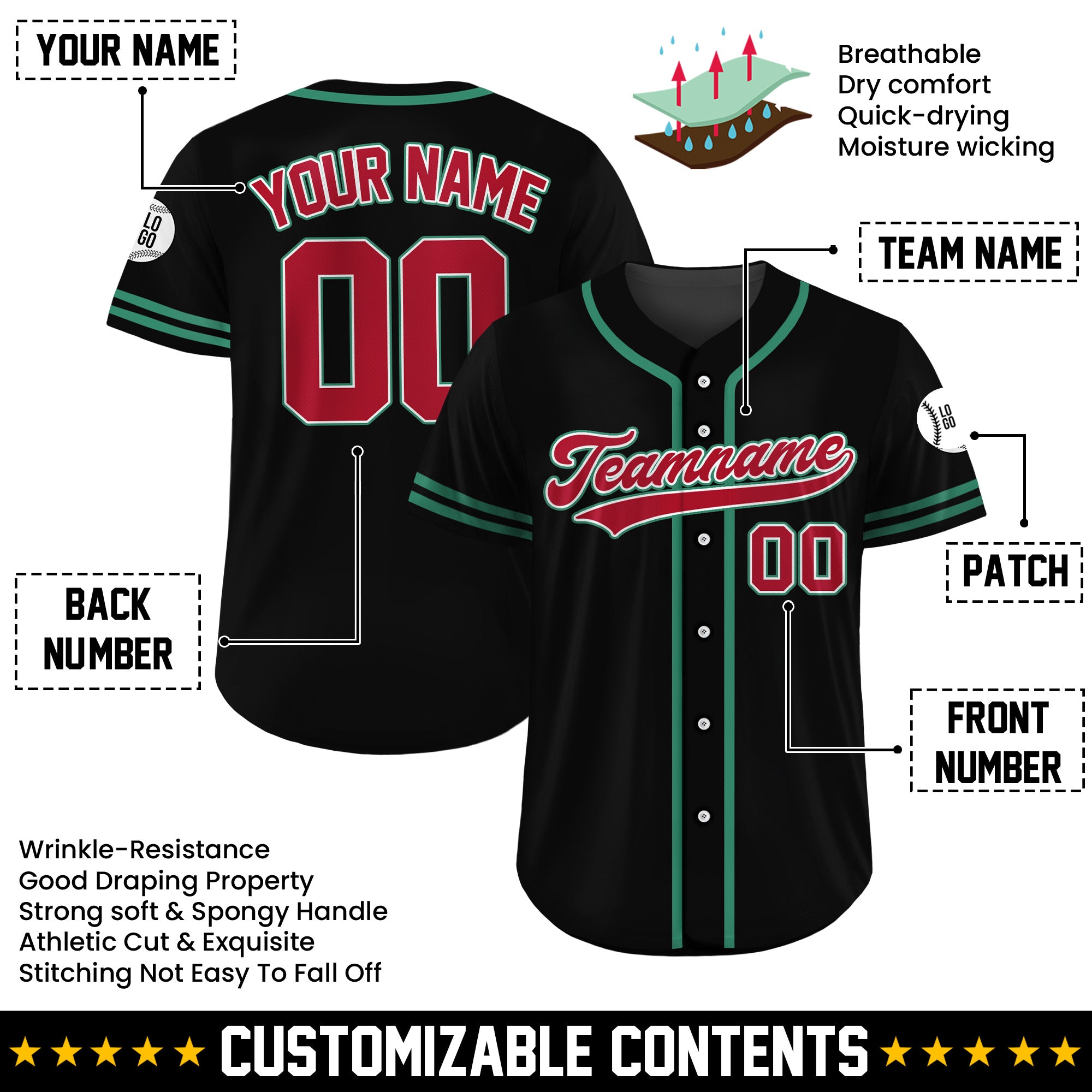 Custom Emerald Crimson Shadow Black Baseball Jersey