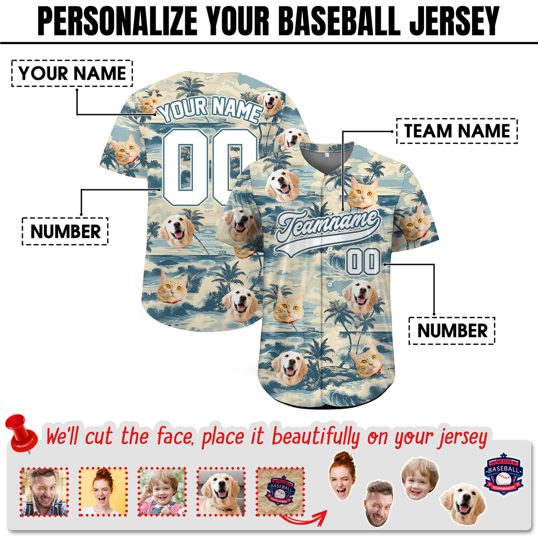 Custom Face Photo Beach Scene Hawaiian Baseball Jersey