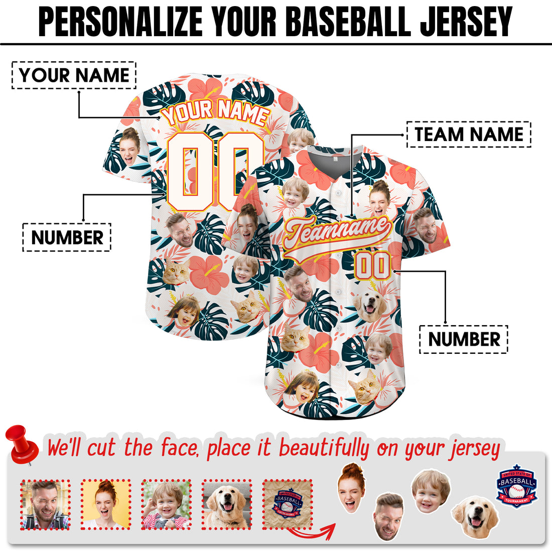 Custom Face Photo Coral Hibiscus Hawaiian Baseball Jersey