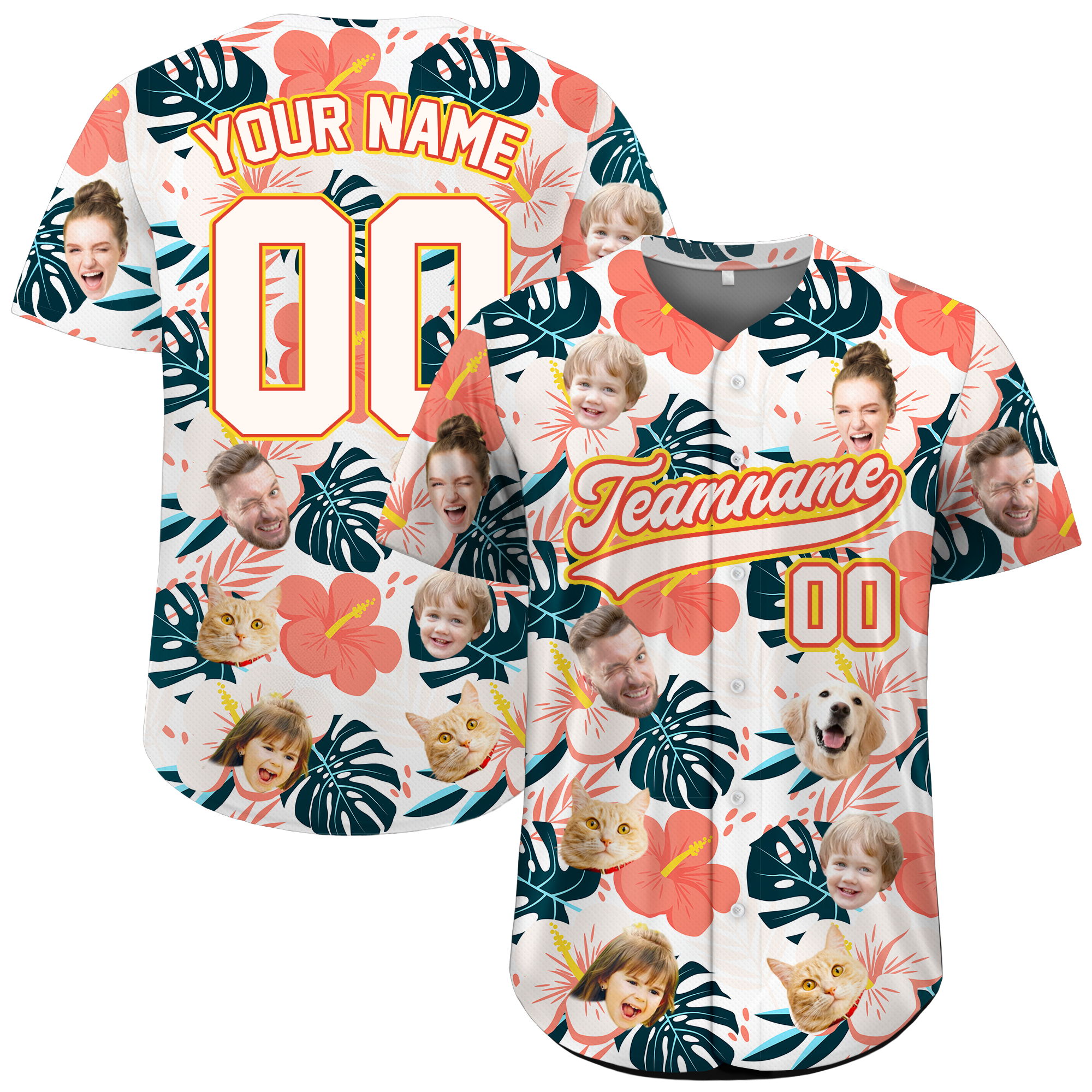 Custom Face Photo Coral Hibiscus Hawaiian Baseball Jersey