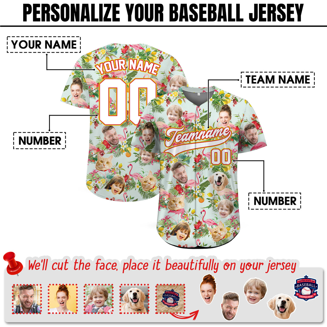 Custom Face Photo Flamingo Lemon Hawaiian Baseball Jersey