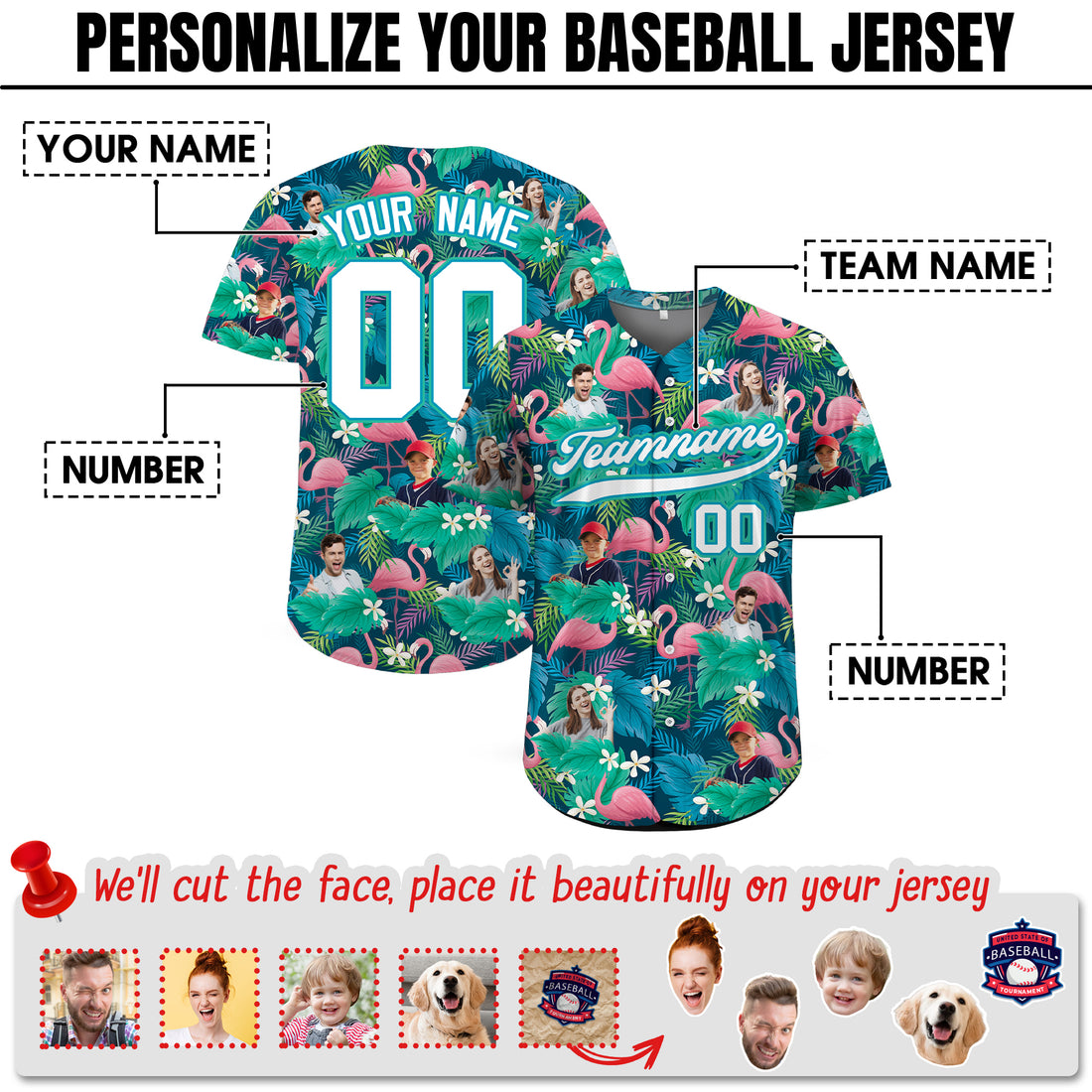 Custom Face Photo Flamingo Tropical Hawaiian Baseball Jersey