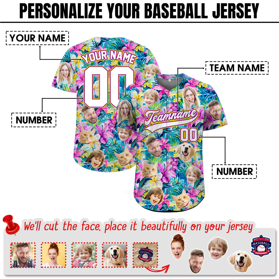 Custom Face Photo Floral Hawaiian Baseball Jersey