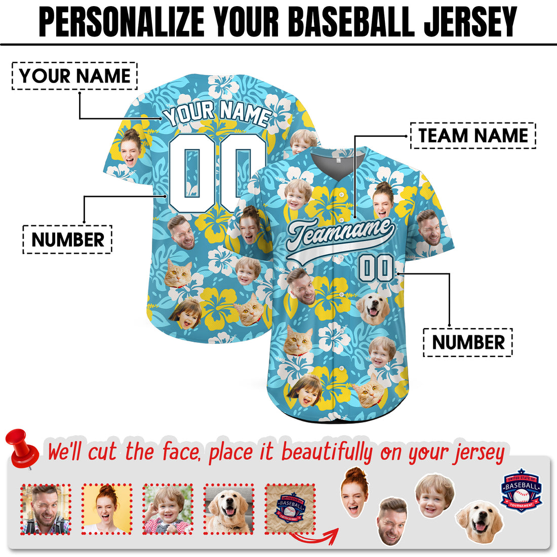Custom Face Photo Hibiscus Bloom Hawaiian Baseball Jersey