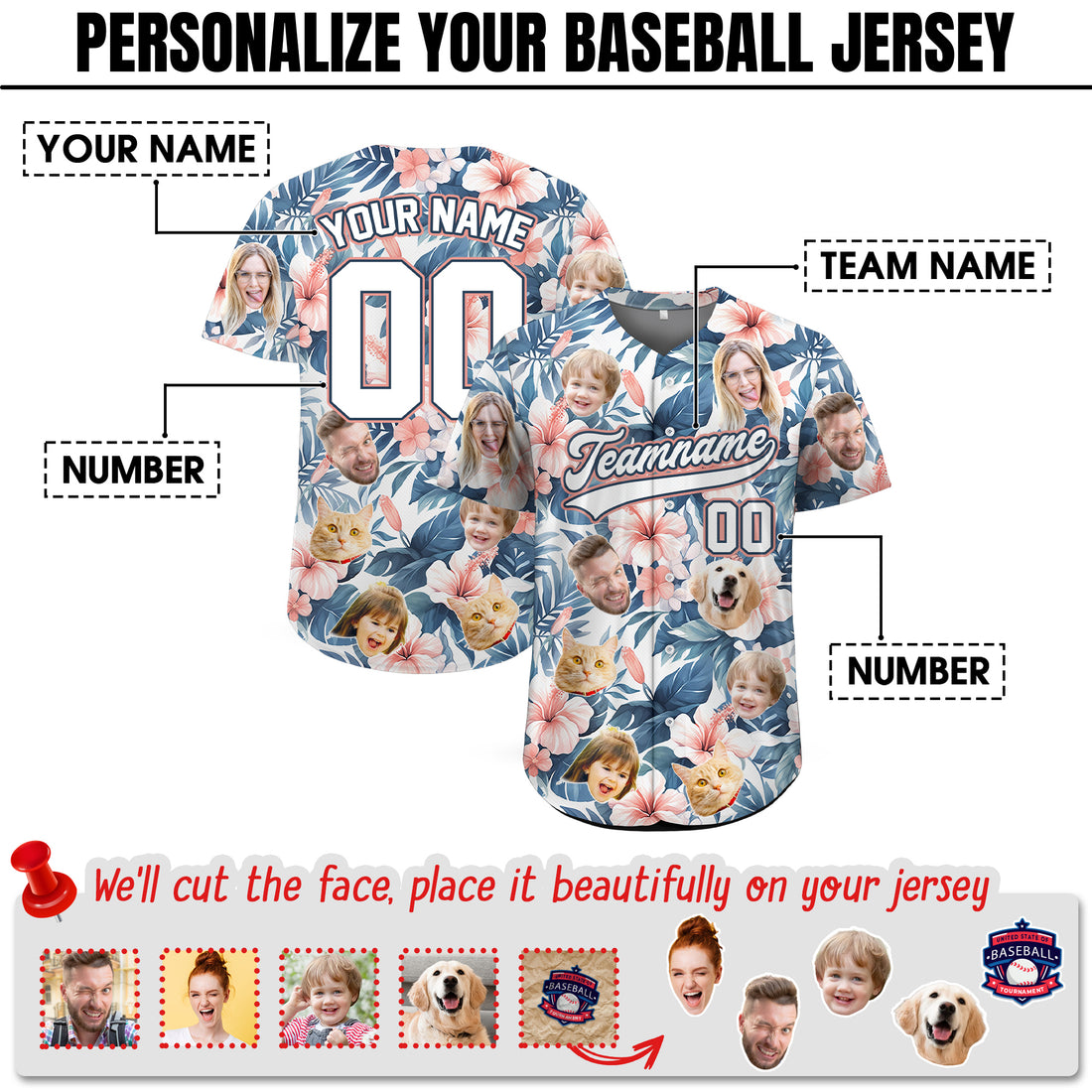 Custom Face Photo Hibiscus Hawaiian Baseball Jersey