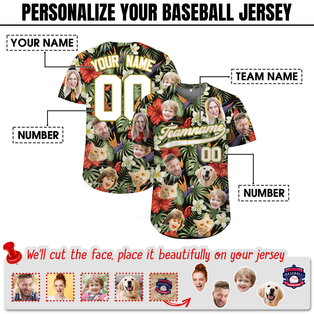 Custom Face Photo Hibiscus Plumeria Hawaiian Baseball Jersey
