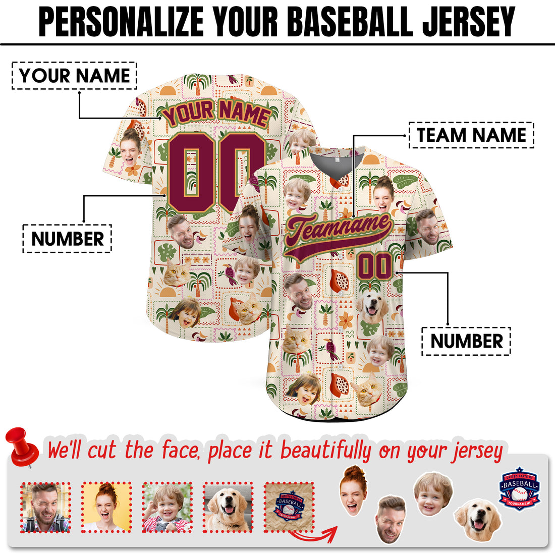 Custom Face Photo Island Patch Hawaiian Baseball Jersey