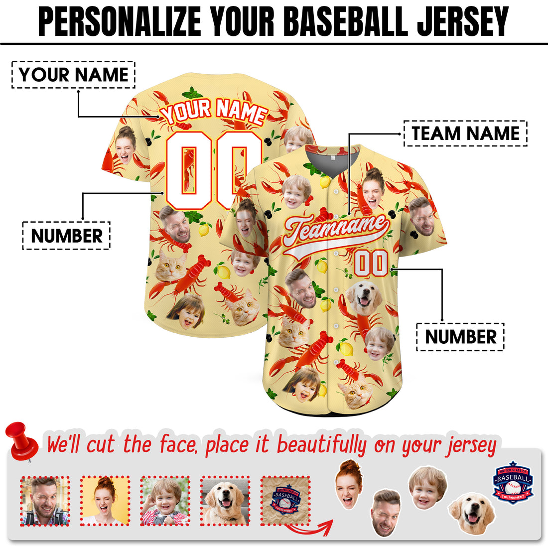Custom Face Photo Lobster Lemon Hawaiian Baseball Jersey