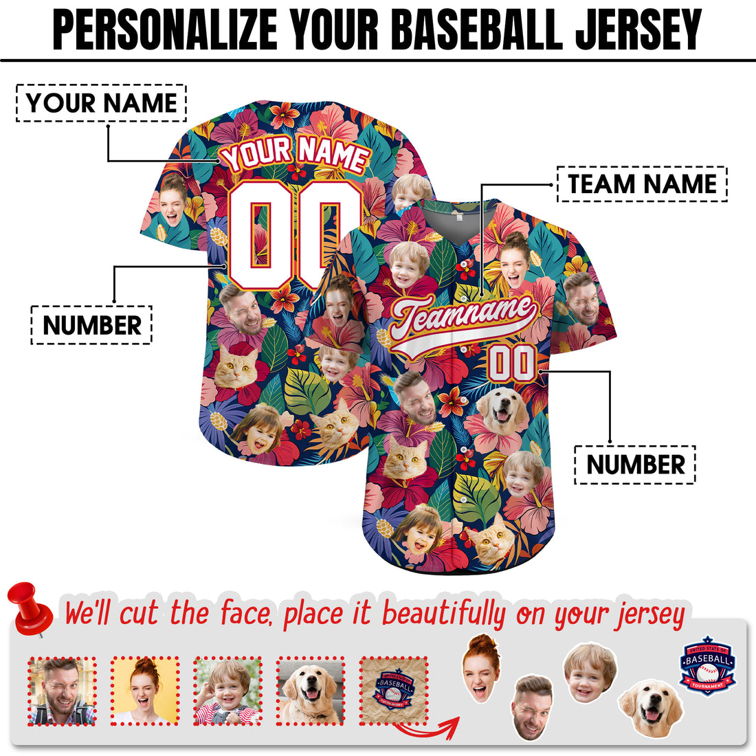 Custom Face Photo Lush Hibiscus Hawaiian Baseball Jersey