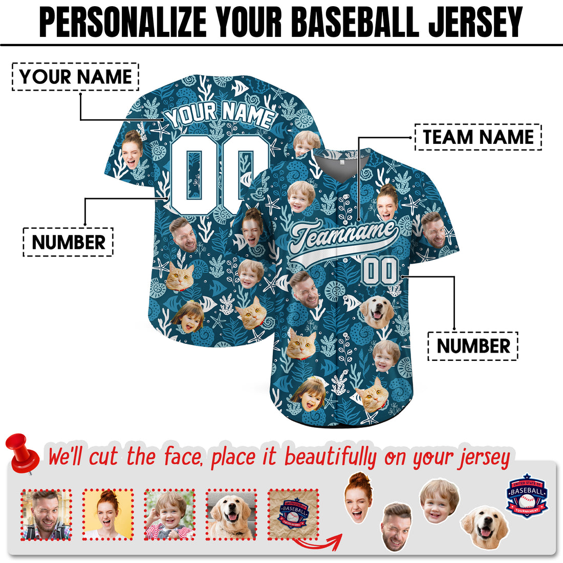 Custom Face Photo Ocean Reef Hawaiian Baseball Jersey