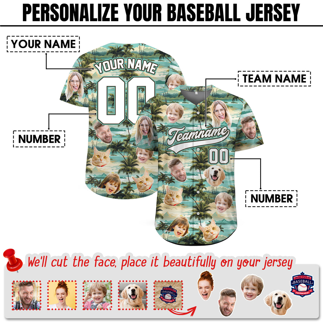 Custom Face Photo Palm Tree Hawaiian Baseball Jersey