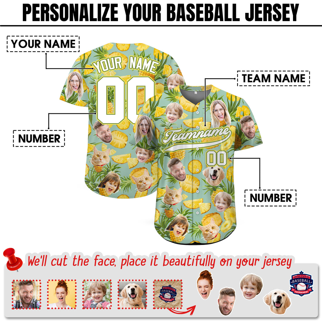 Custom Face Photo Pineapple Hawaiian Baseball Jersey