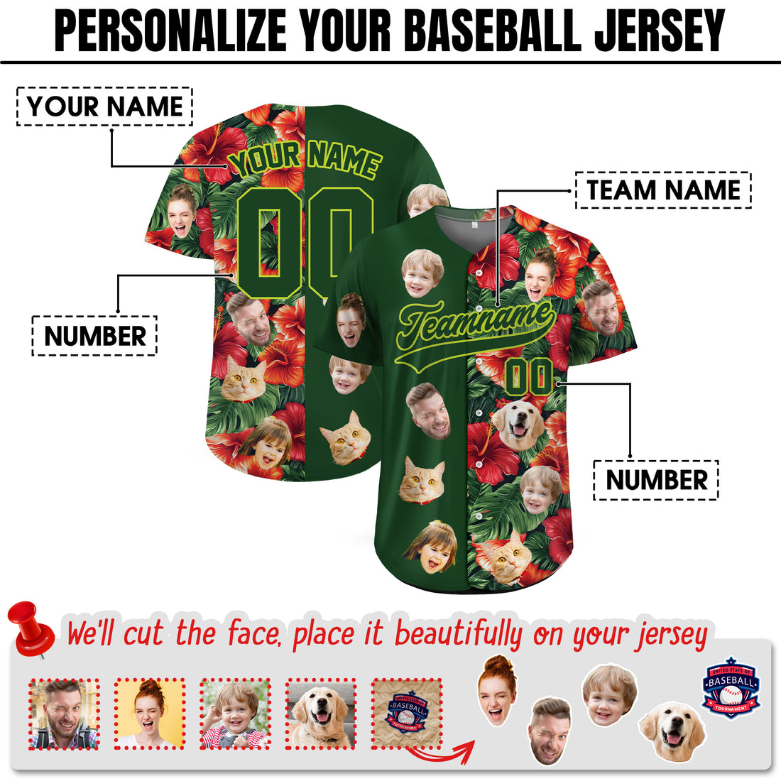 Custom Face Photo Split Hibiscus Hawaiian Baseball Jersey