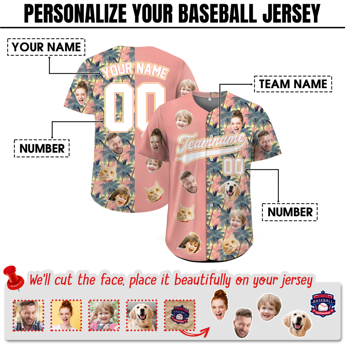 Custom Face Photo Split Palm Tree Hawaiian Baseball Jersey