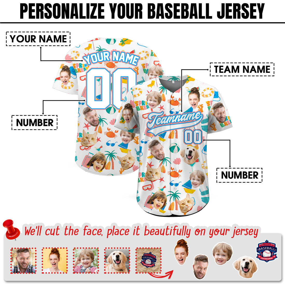 Custom Face Photo Spring Break Hawaiian Baseball Jersey