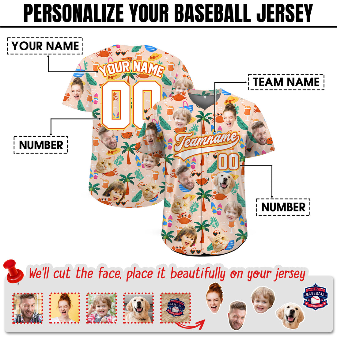 Custom Face Photo Summer Beach Hawaiian Baseball Jersey