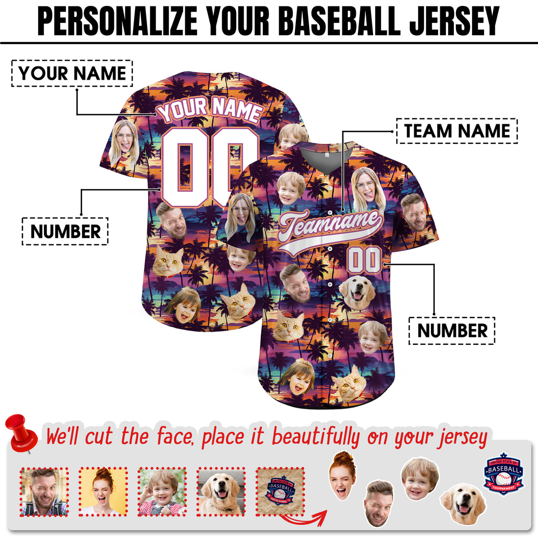 Custom Face Photo Sunset Palm Tree Hawaiian Baseball Shirt