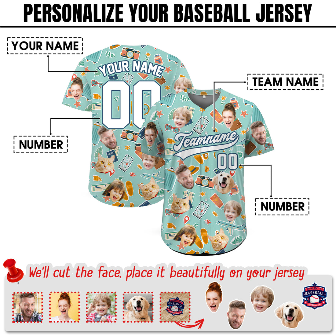 Custom Face Photo Travel Vacation Hawaiian Baseball Jersey