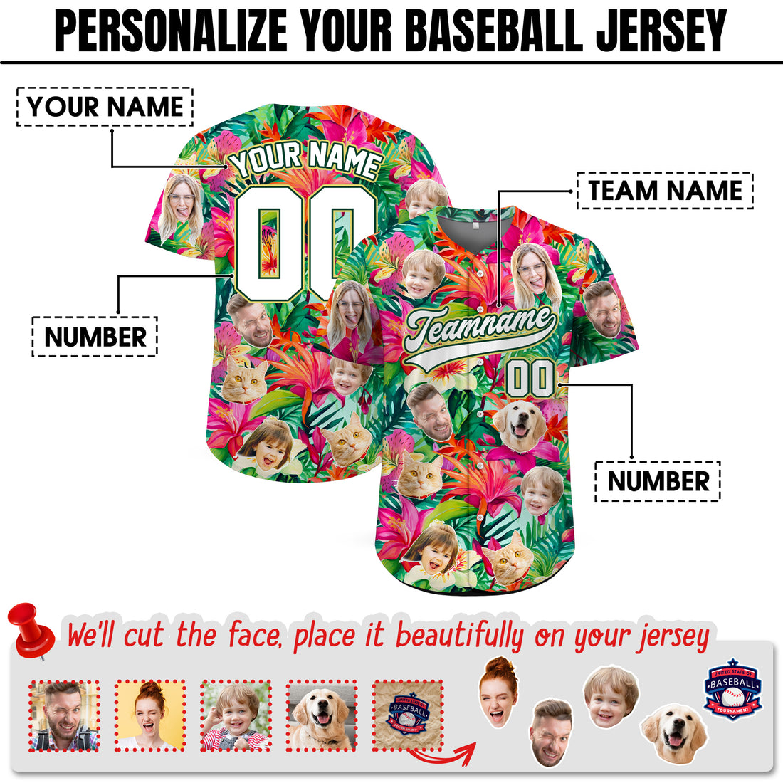 Custom Face Photo Tropical Foliage Hawaiian Baseball Jersey
