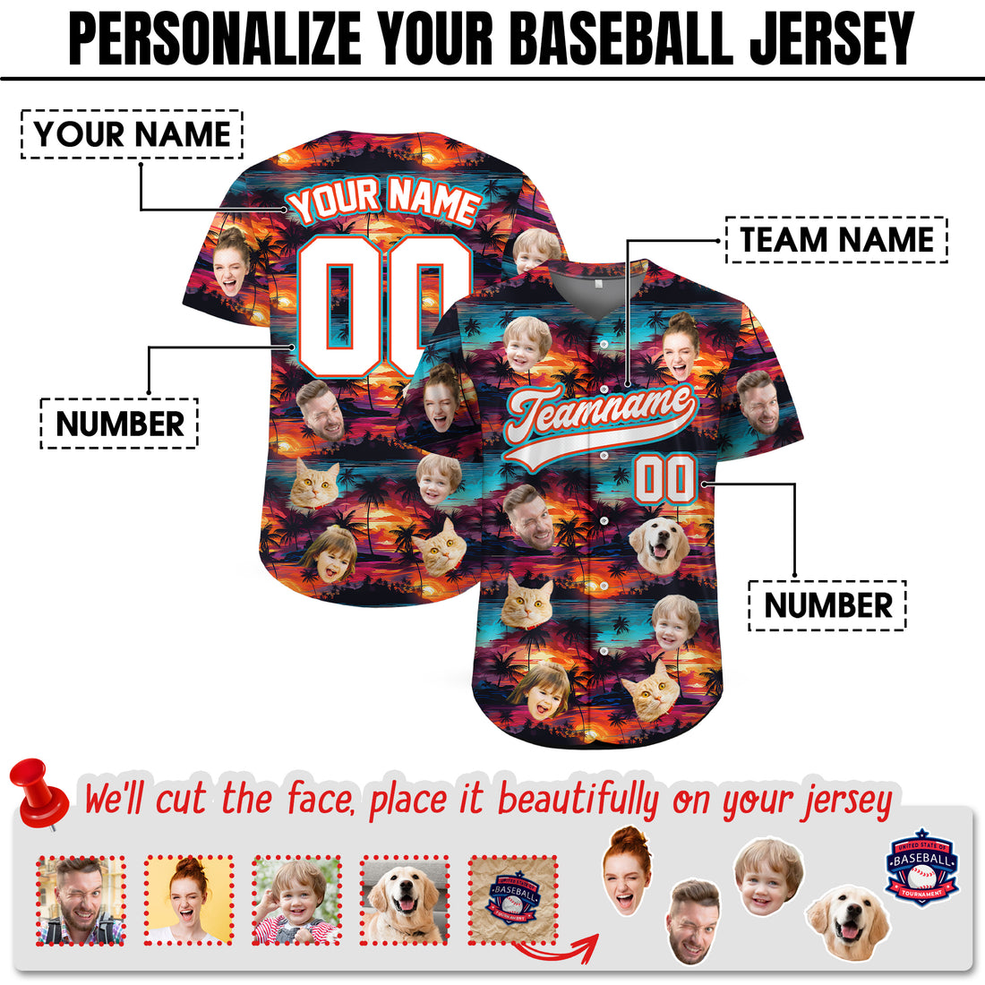 Custom Face Photo Tropical Sunset Hawaiian Baseball Jersey
