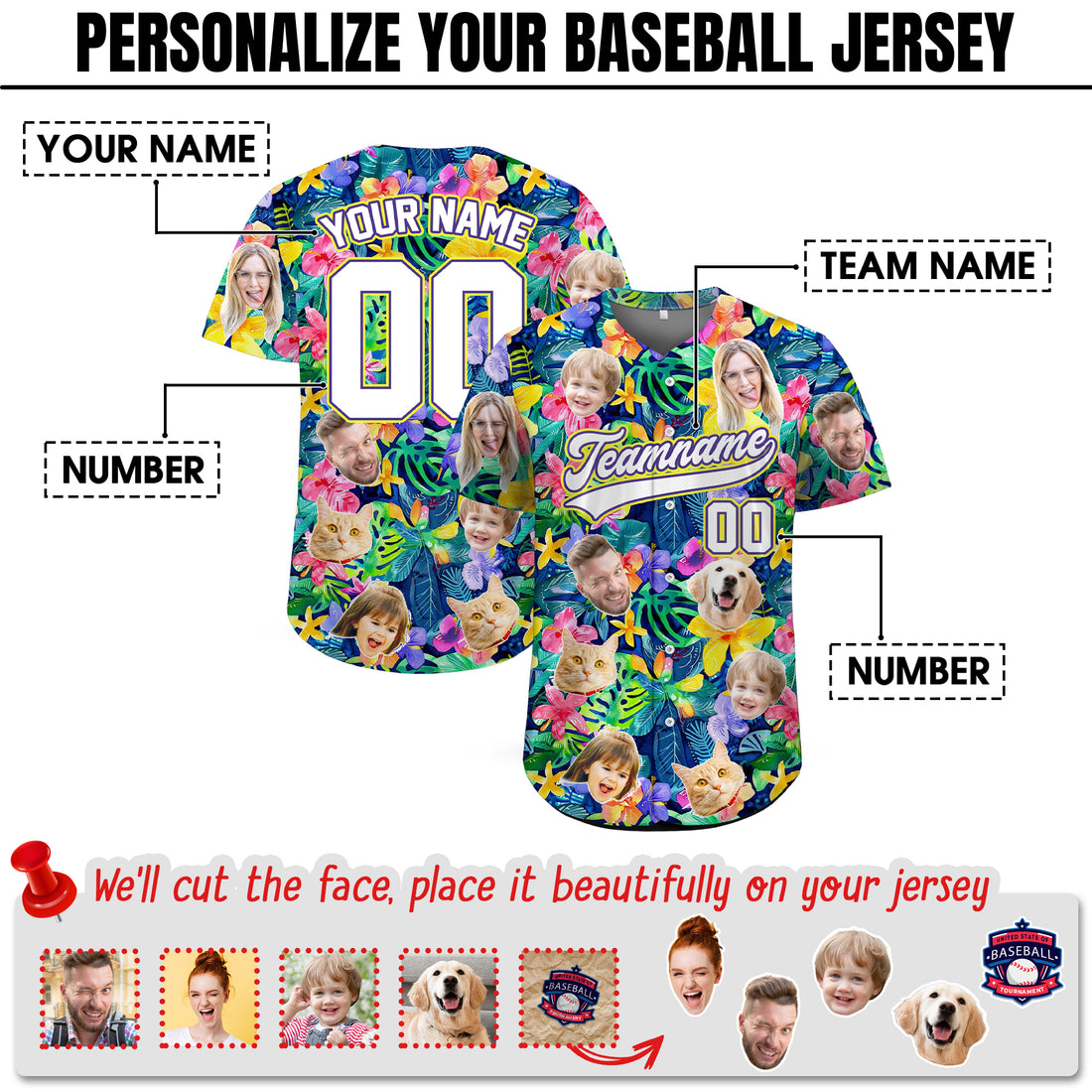 Custom Face Photo Vibrant Floral Hawaiian Baseball Jersey