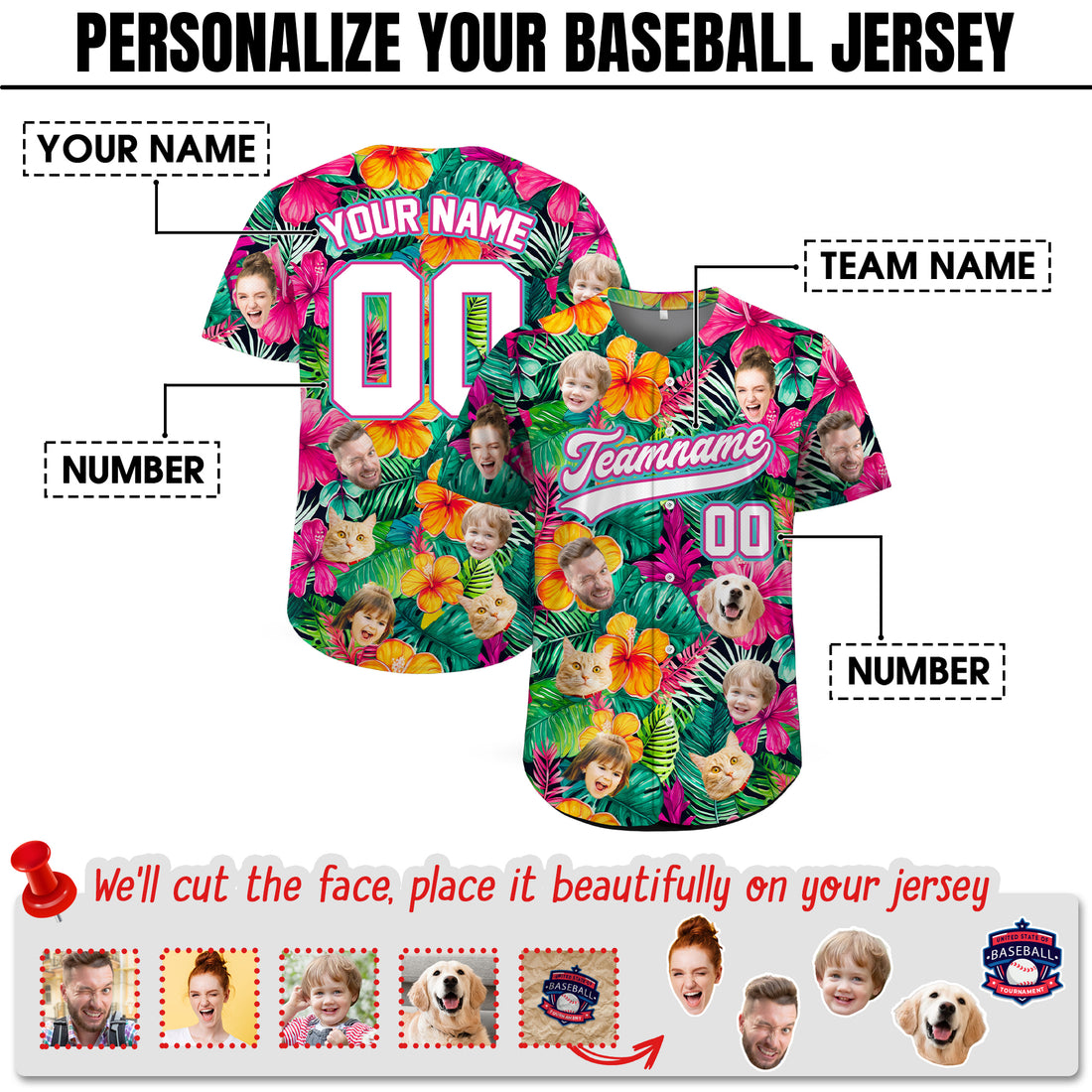 Custom Face Photo Vibrant Hibiscus Hawaiian Baseball Jersey