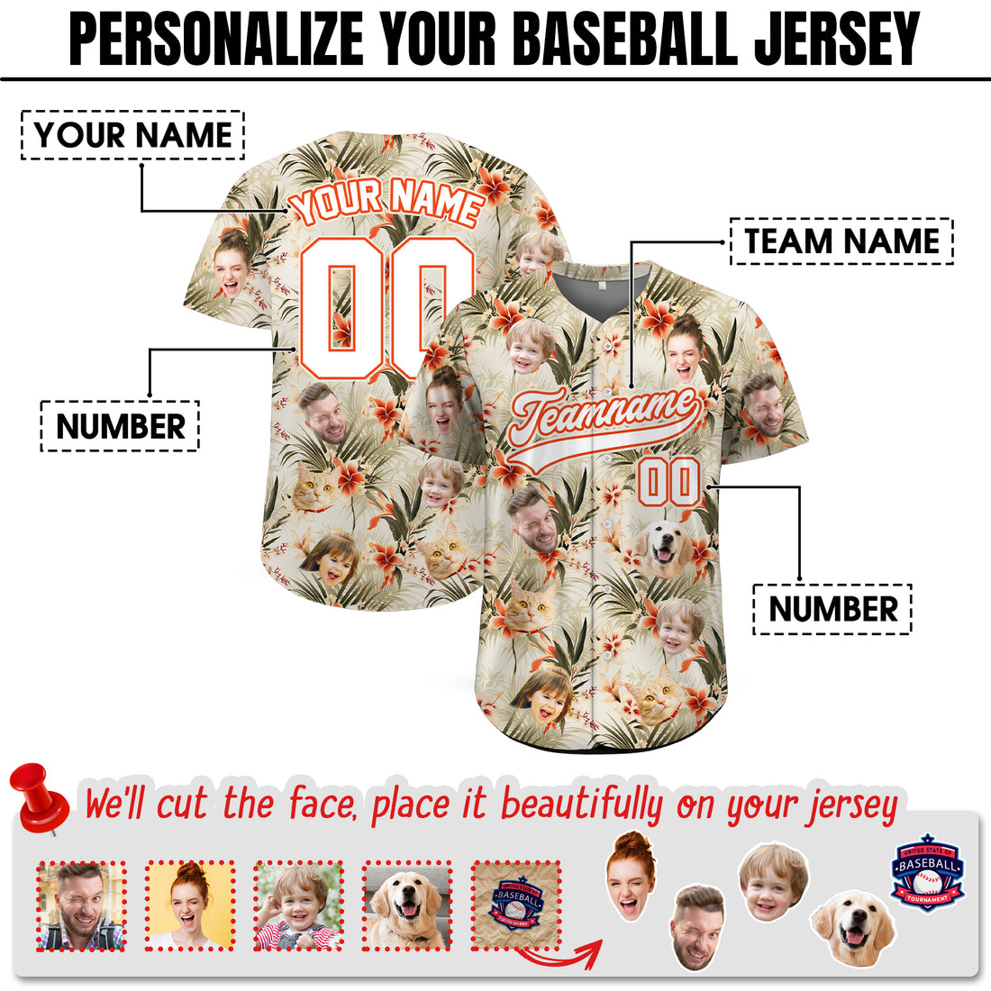 Custom Face Photo Vintage Floral Hawaiian Baseball Jersey