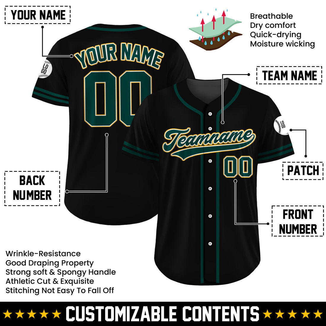 Custom Forest Gold Black Baseball Jersey